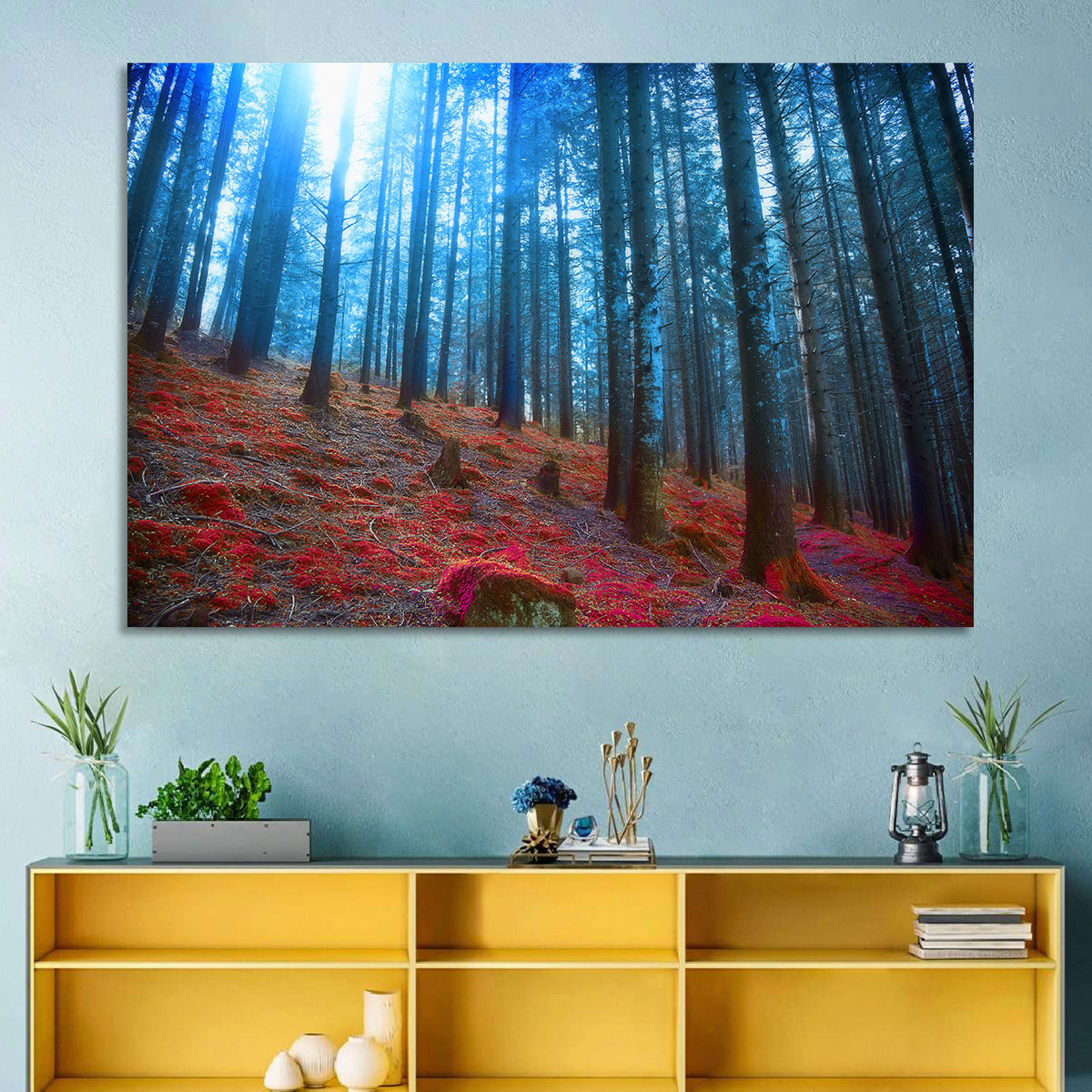 Enchanted Red Moss Forest Wall Art in a room, landscape