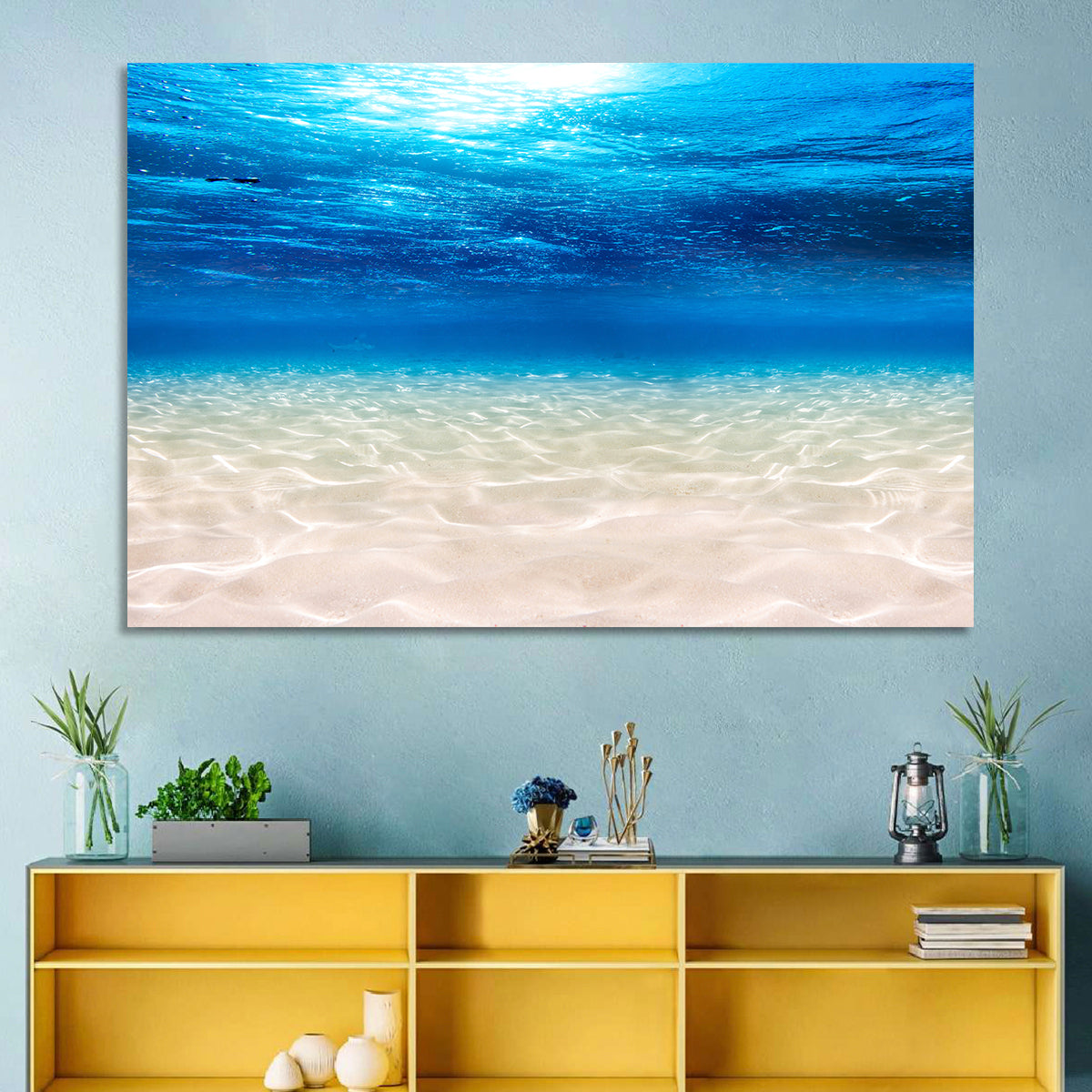 Sunlit Sandy Seabed Wall Art in a room, landscape