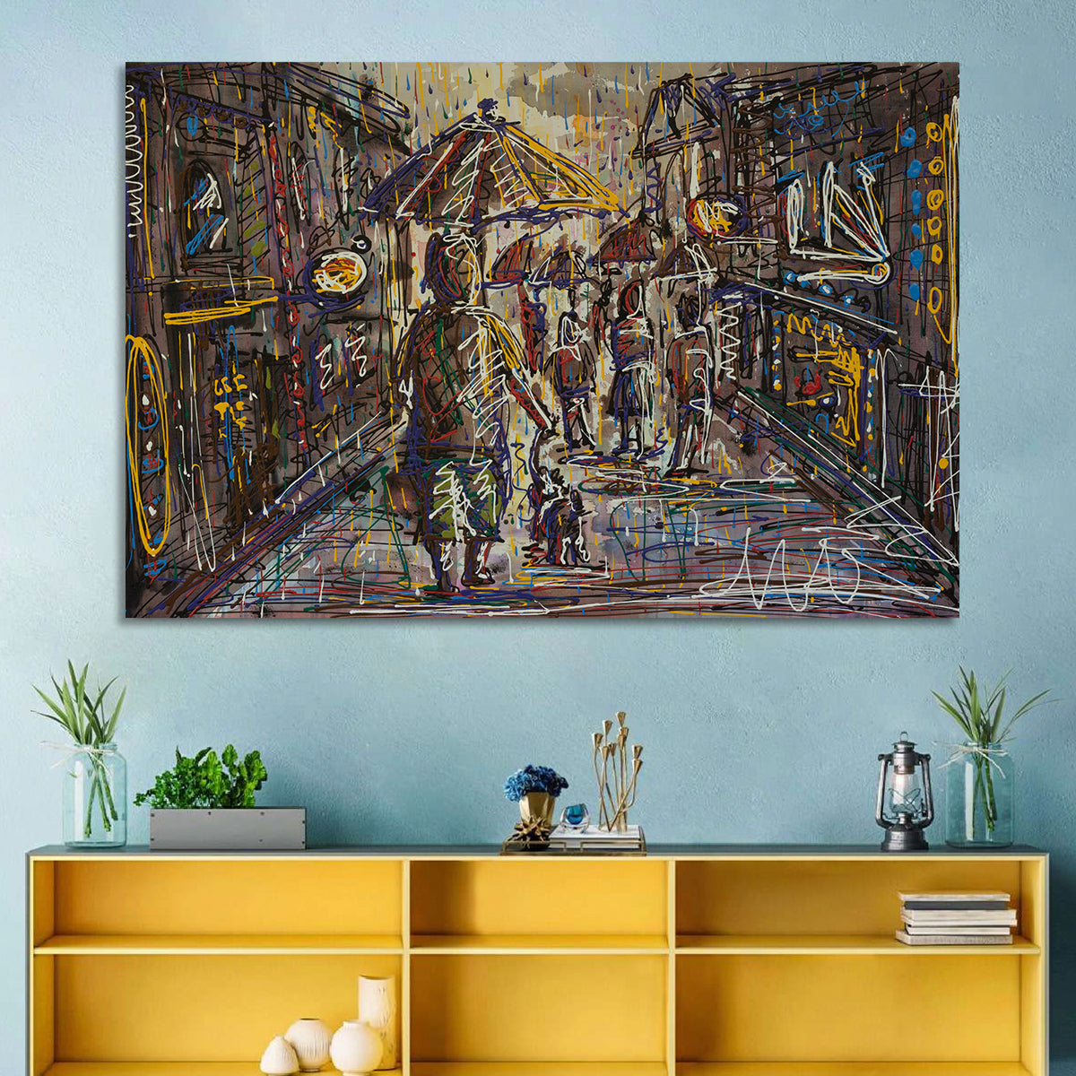 Rainy City Street Wall Art in a room, landscape