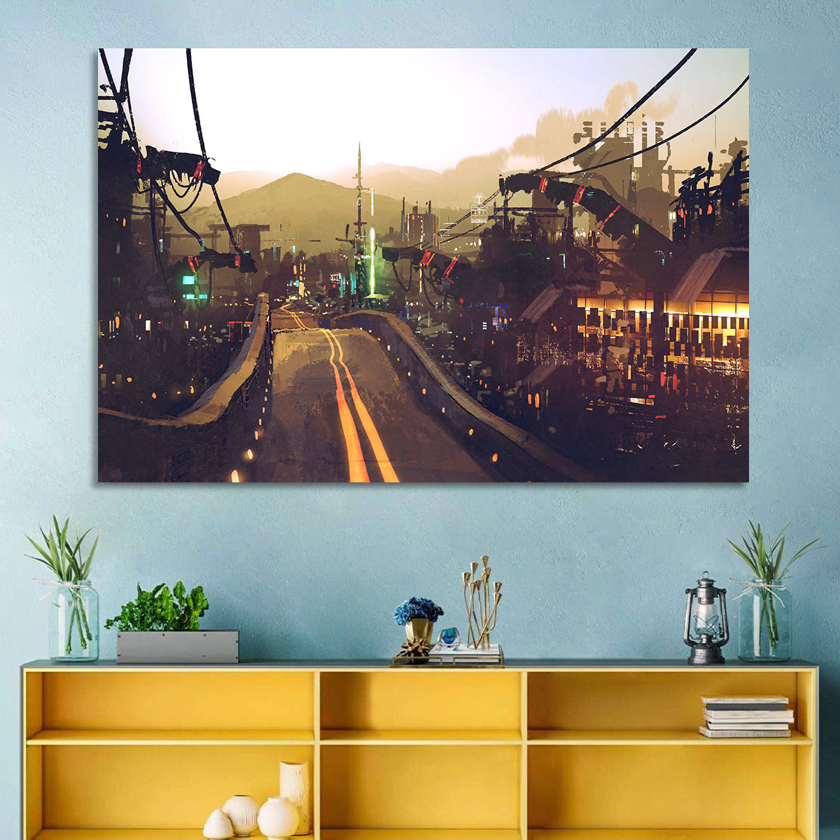 Futuristic Highway at Dusk Wall Art in a room, landscape