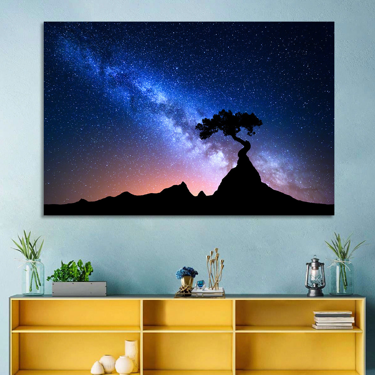 Milky Way Over Mountain Ridge Wall Art in a room, landscape