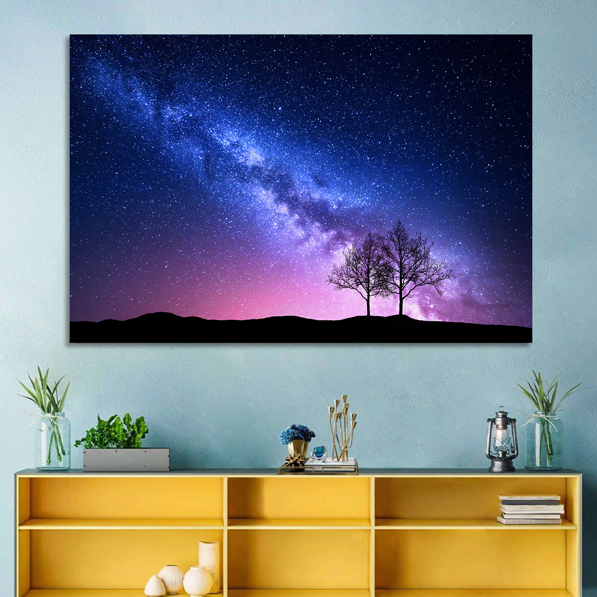 Milky Way Nebula Sky with Silhouetted Trees Wall Art in a room, landscape