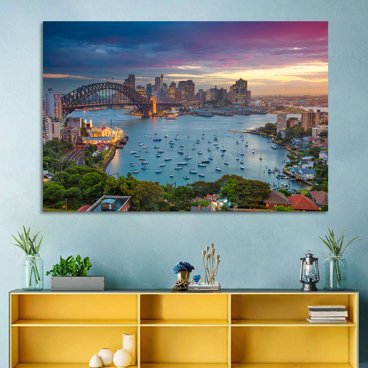 Sydney Harbour Sunset Wall Art in a room, landscape