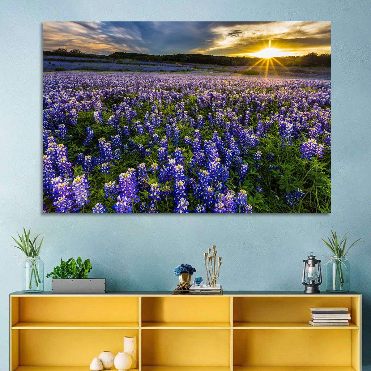 Texas Bluebonnet Field at Sunset Wall Art in a room, landscape