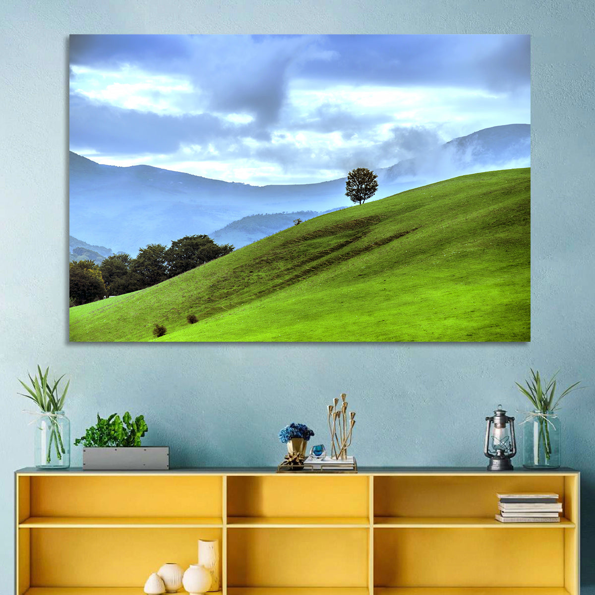 Talish Hillside with Lone Tree Wall Art in a room, landscape