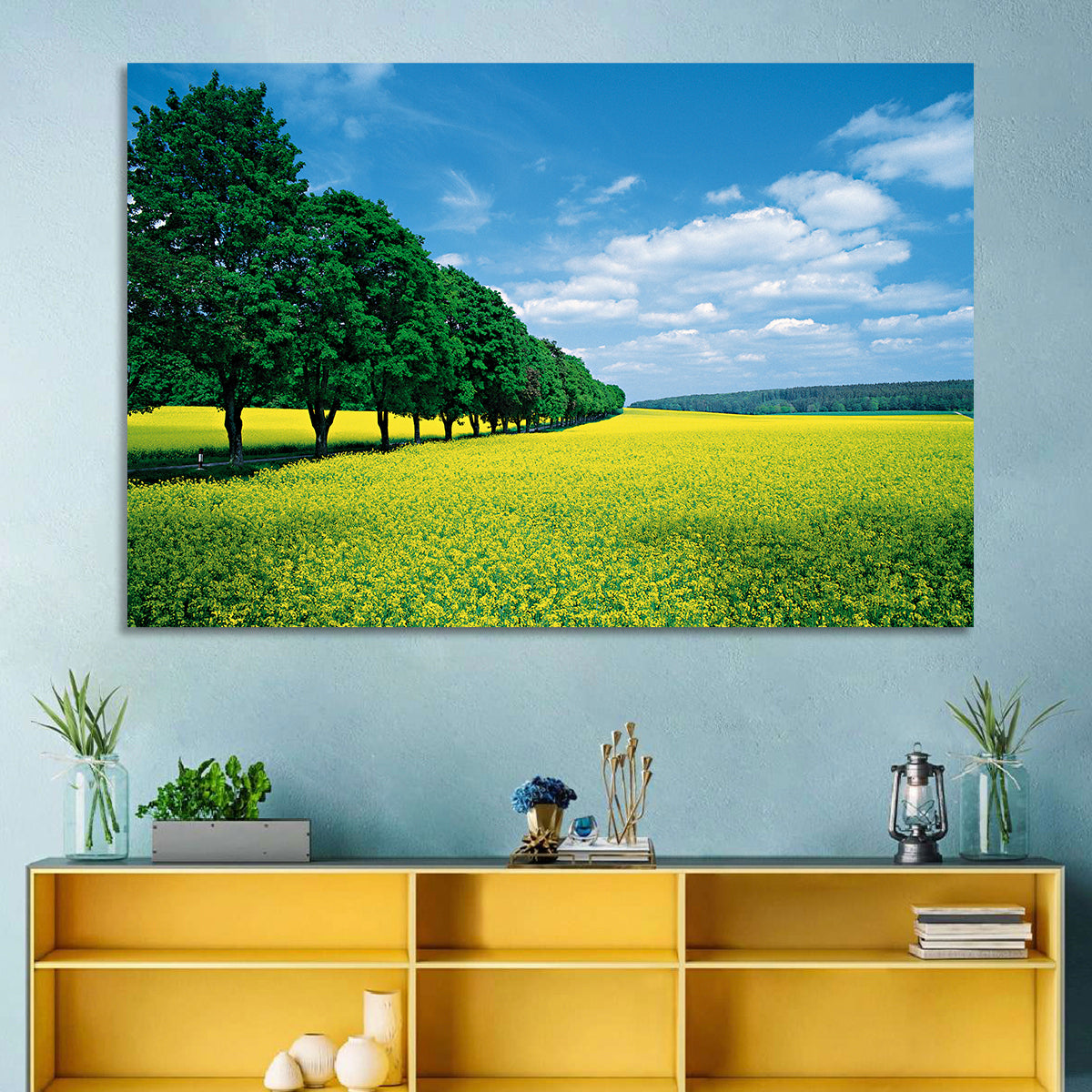 Spring Field of Yellow Flowers Wall Art in a room, landscape