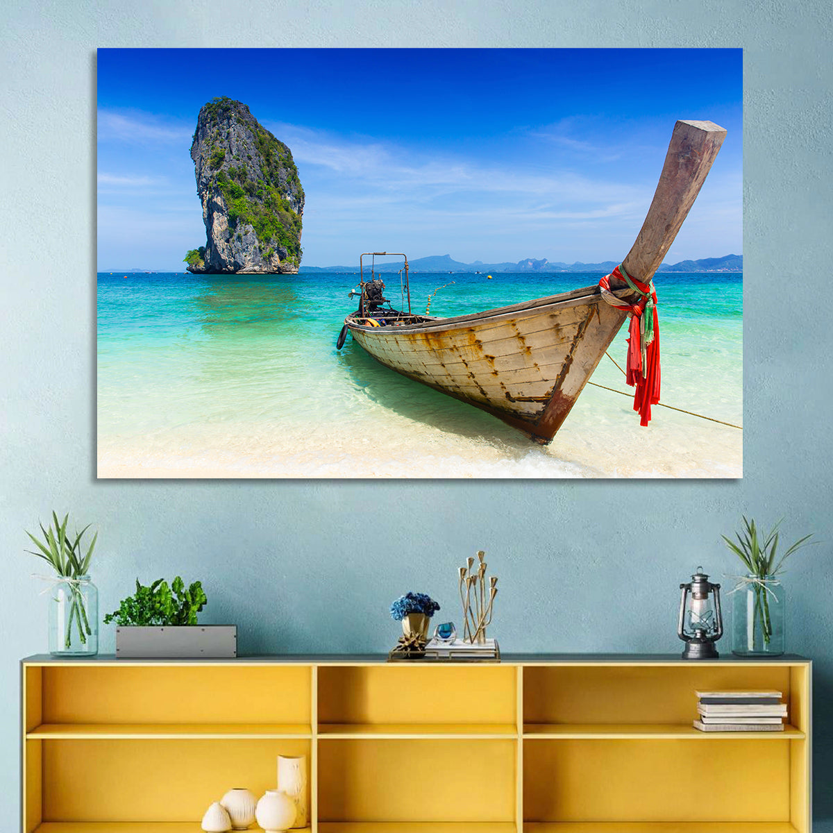 Krabi Longtail Boat Seascape Wall Art in a room, landscape