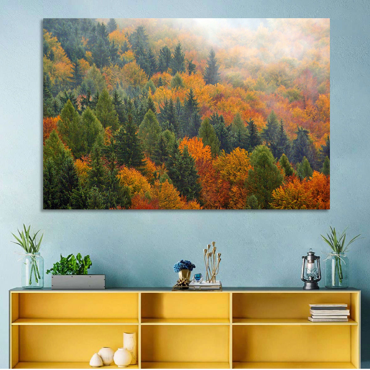 Misty Autumn Forestscape Wall Art in a room, landscape