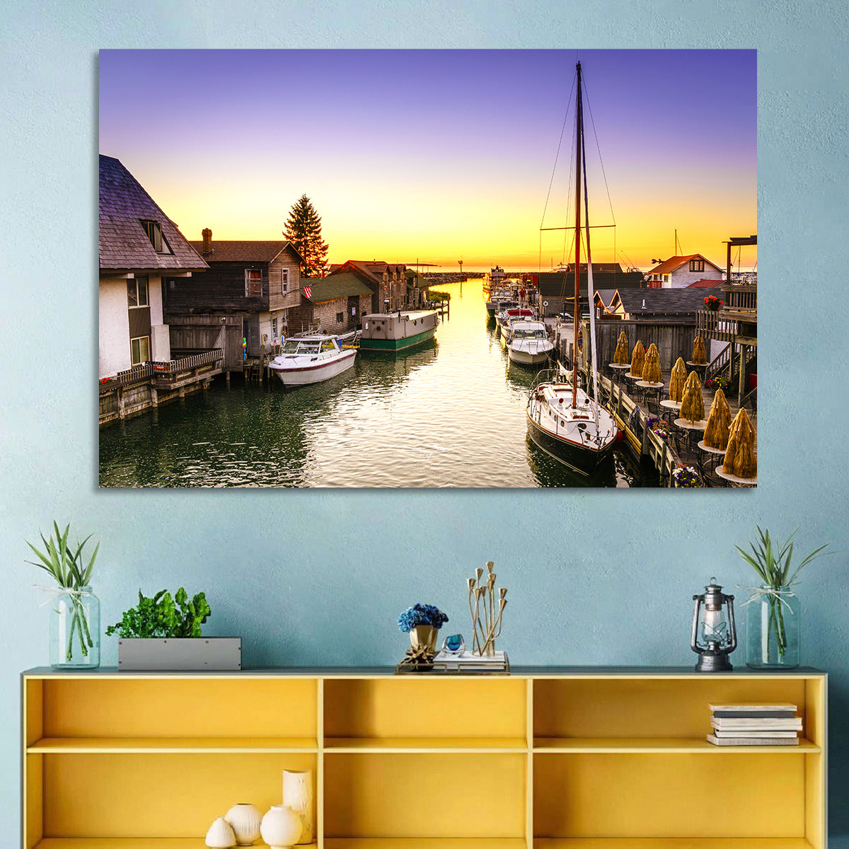 Leland Fishtown Sunset Wall Art in a room, landscape
