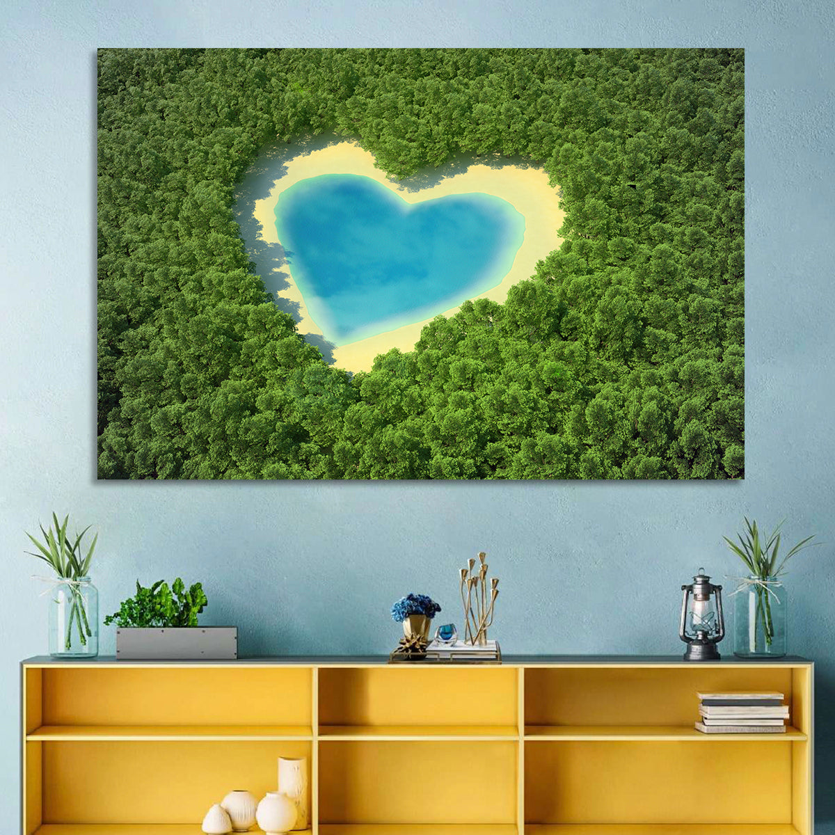 Heart-shaped Pond Aerial View Wall Art in a room, landscape