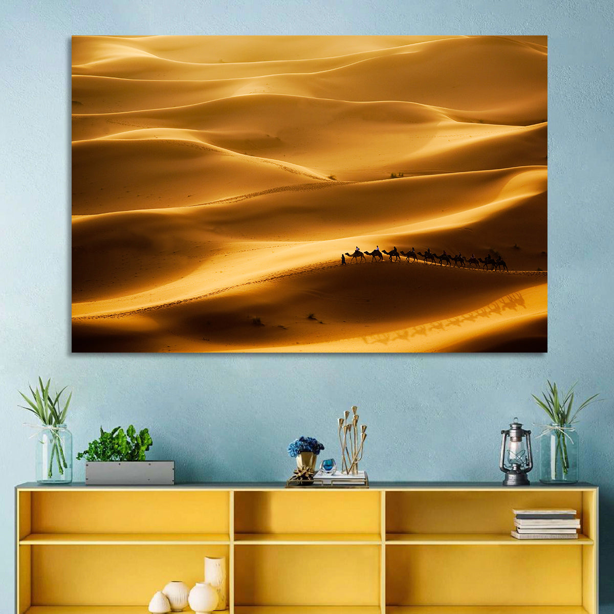 Golden Hour Camel Caravan Wall Art in a room, landscape