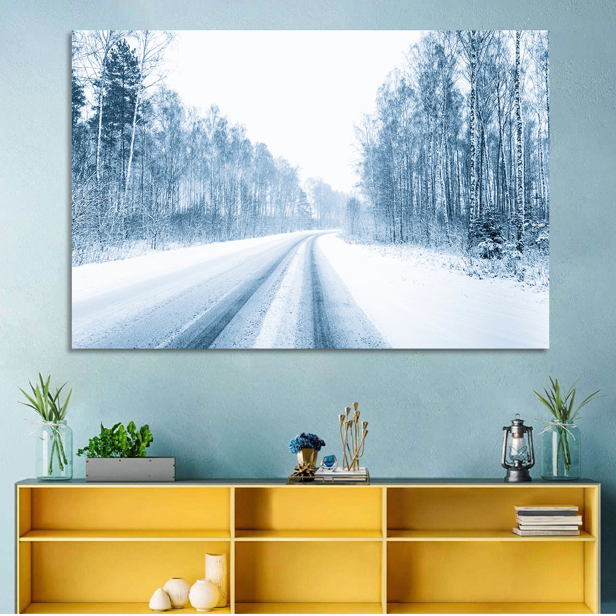 Tire Tracks on Snowy Road Wall Art in a room, landscape