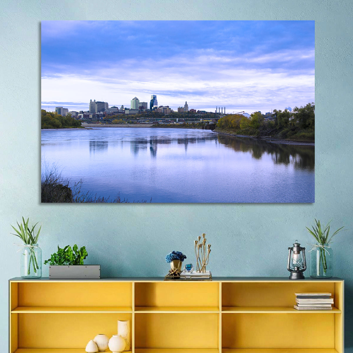 Kansas City Skyline at Dusk Wall Art in a room, landscape