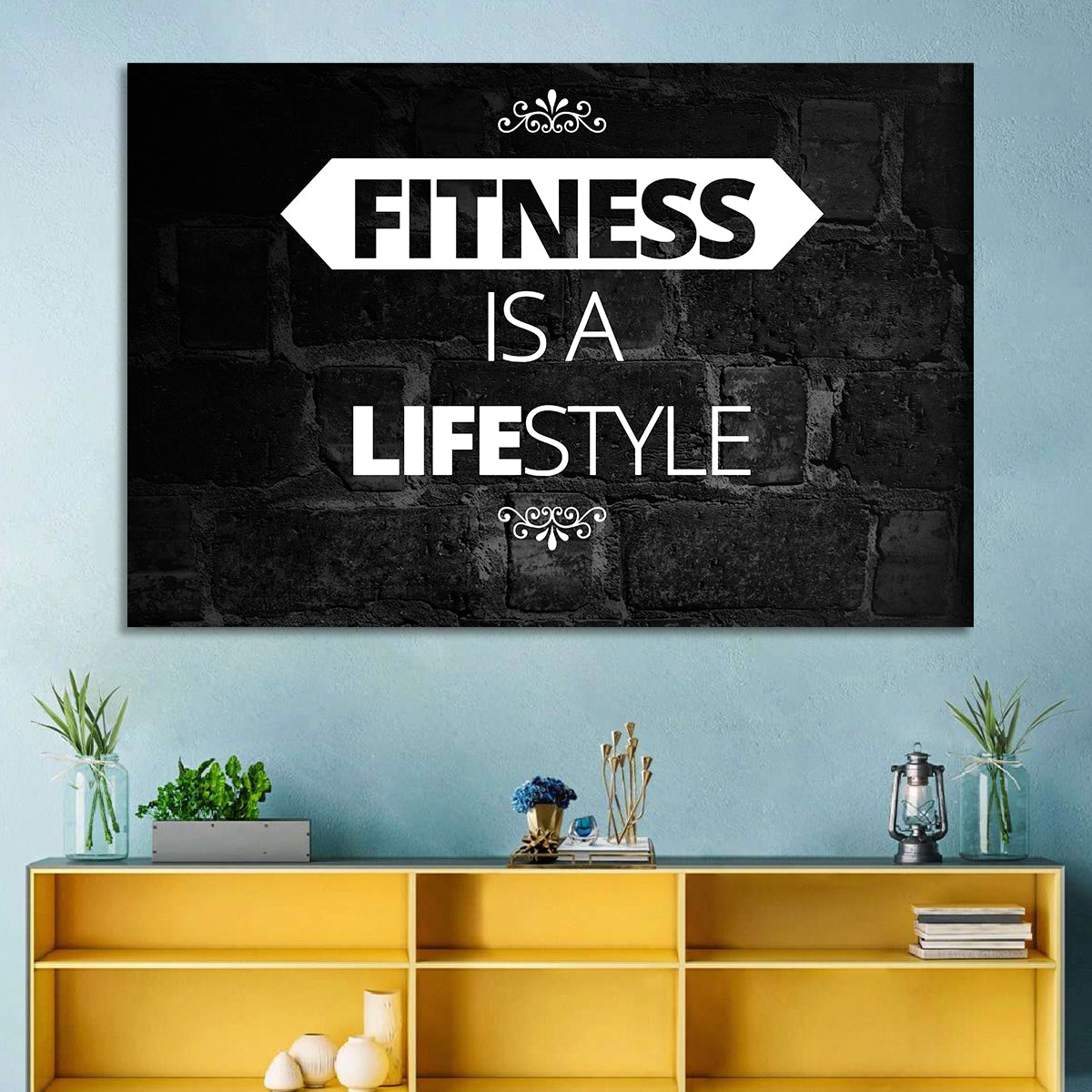 Fitness Is a Lifestyle Brick Quote Wall Art in a room, landscape