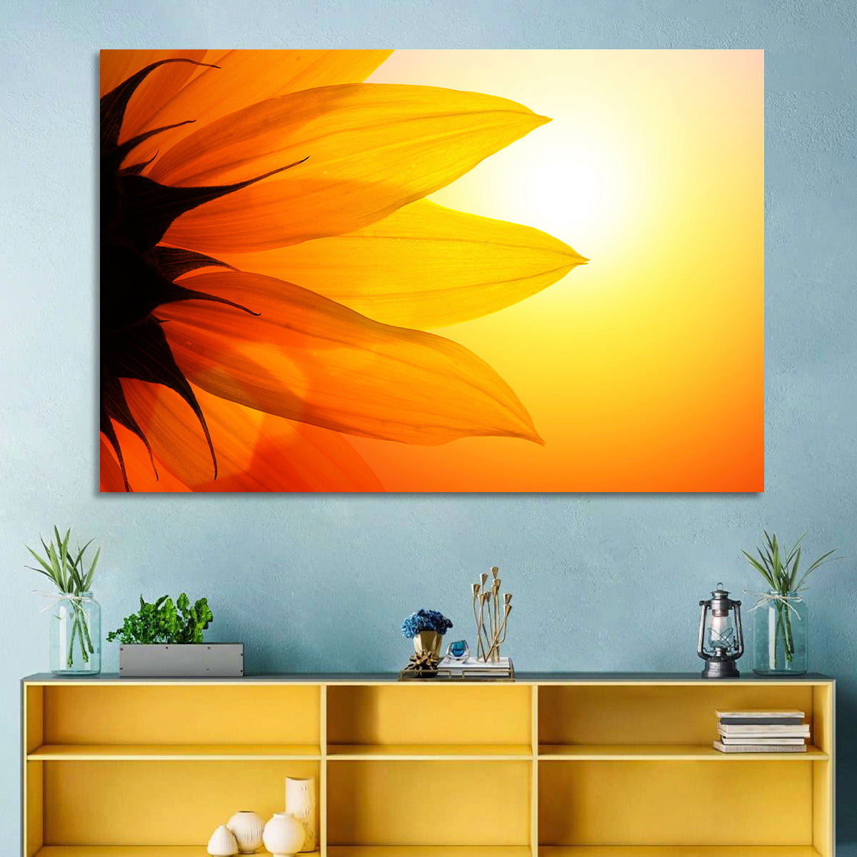 Backlit Sunflower Petals Wall Art in a room, landscape