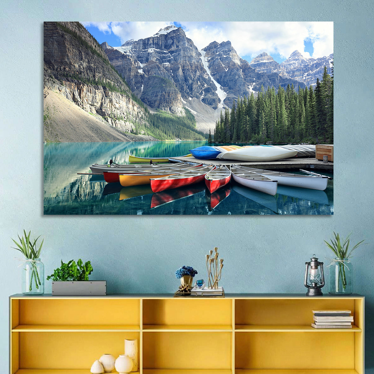 Moraine Lake Canoes at Lake Louise Wall Art