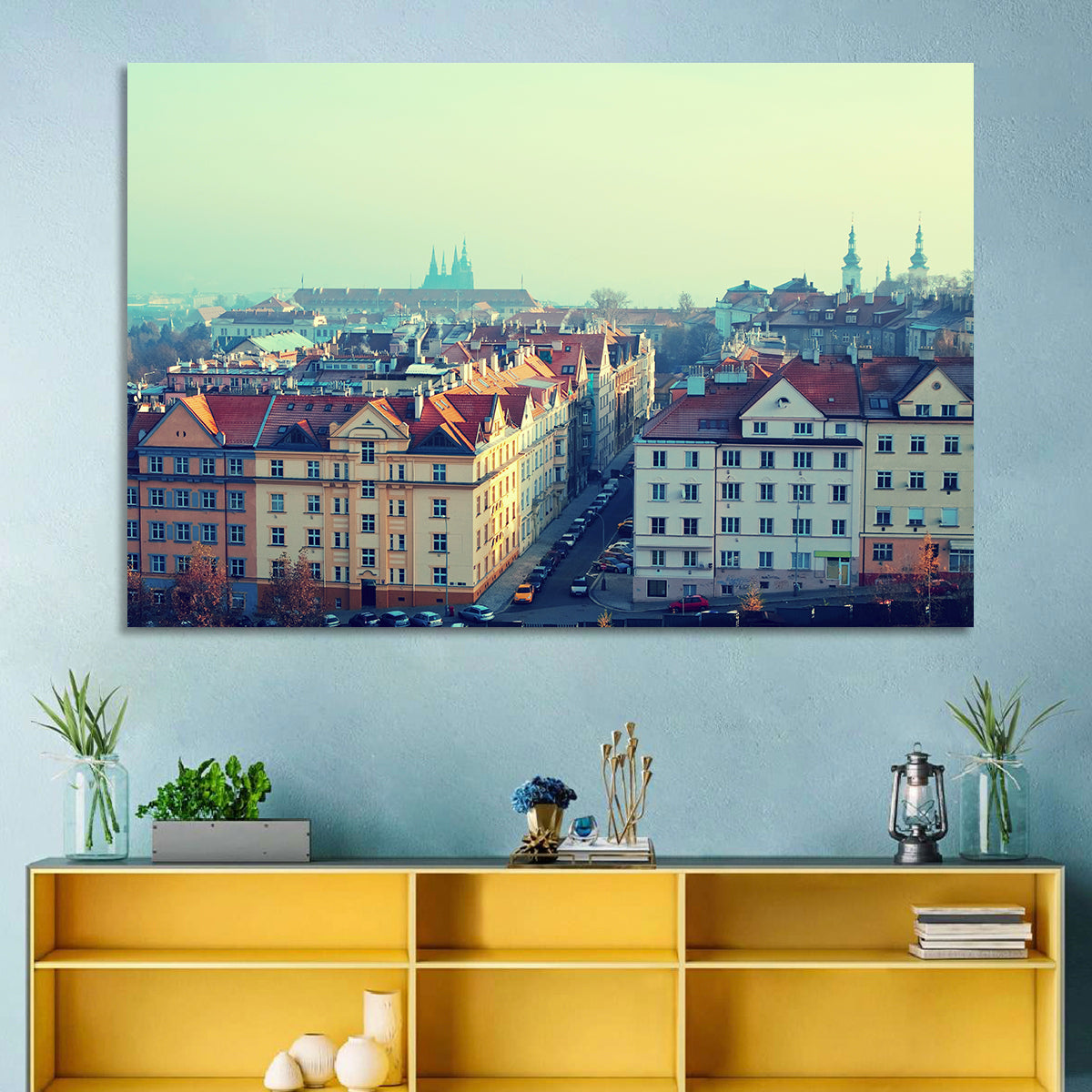Prague Rooftops with St. Vitus Cathedral Wall Art in a room, landscape
