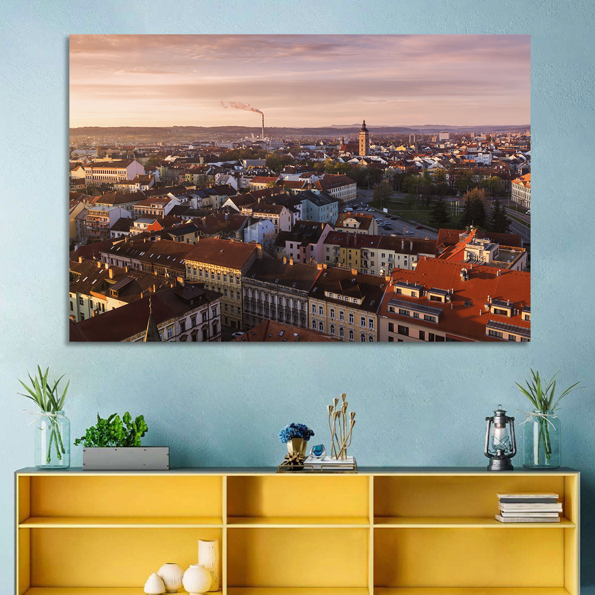 Red Tiled Rooftops at Golden Hour Wall Art in a room, landscape