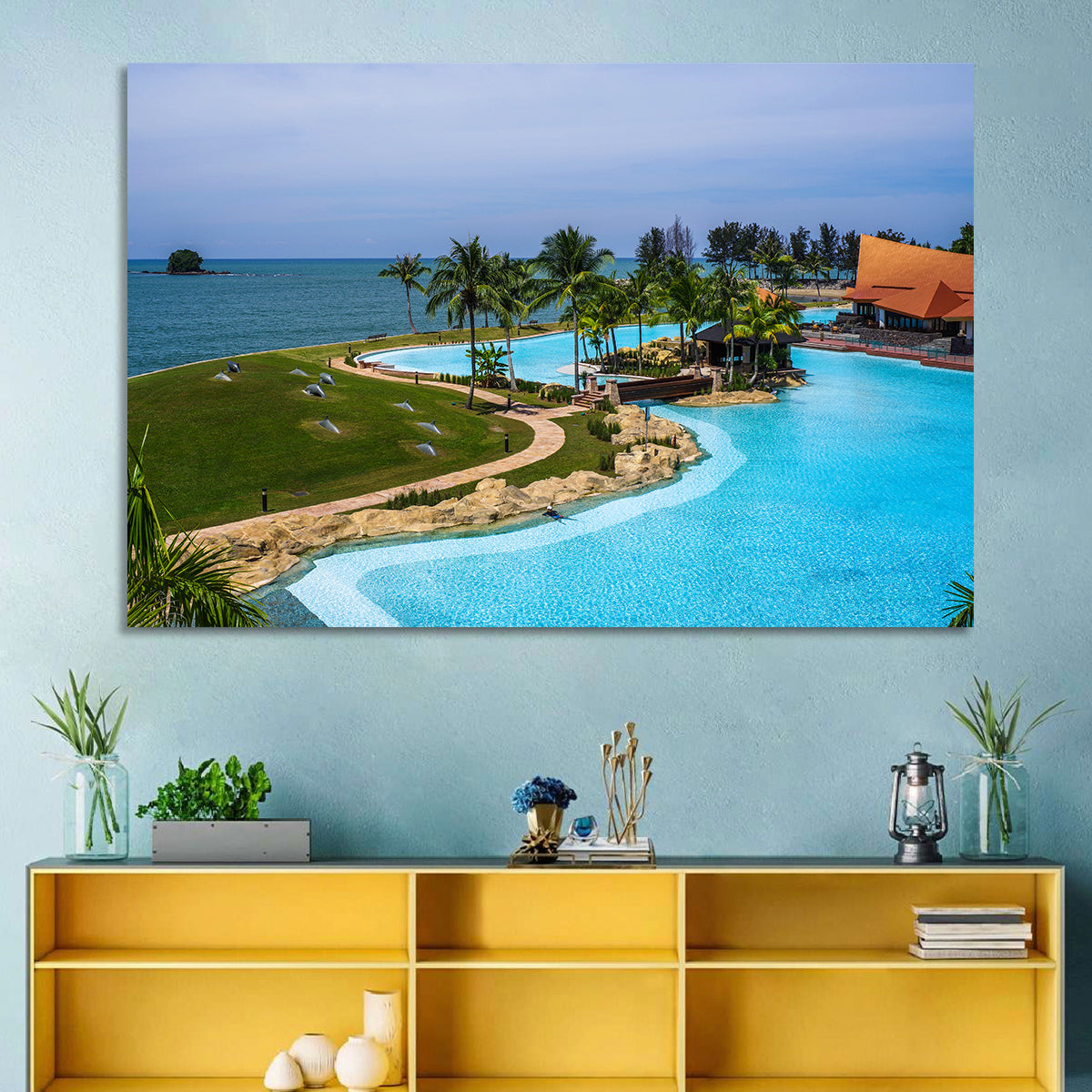 Tiered Resort Pool Horizon Wall Art in a room, landscape
