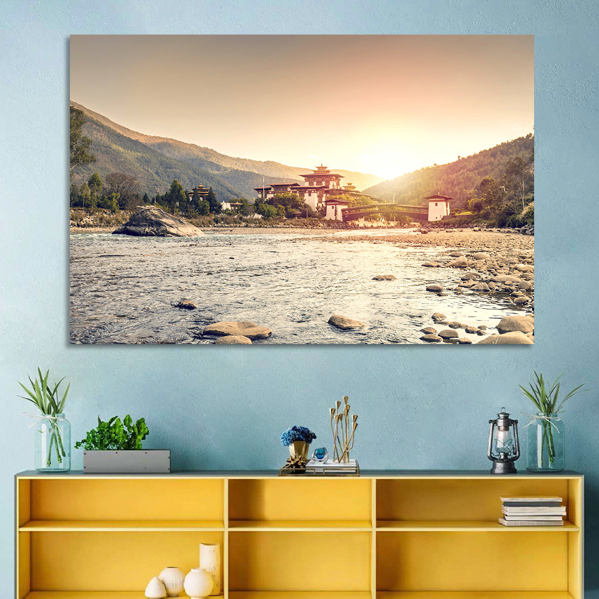 Punakha Dzong at Golden Hour Wall Art in a room, landscape