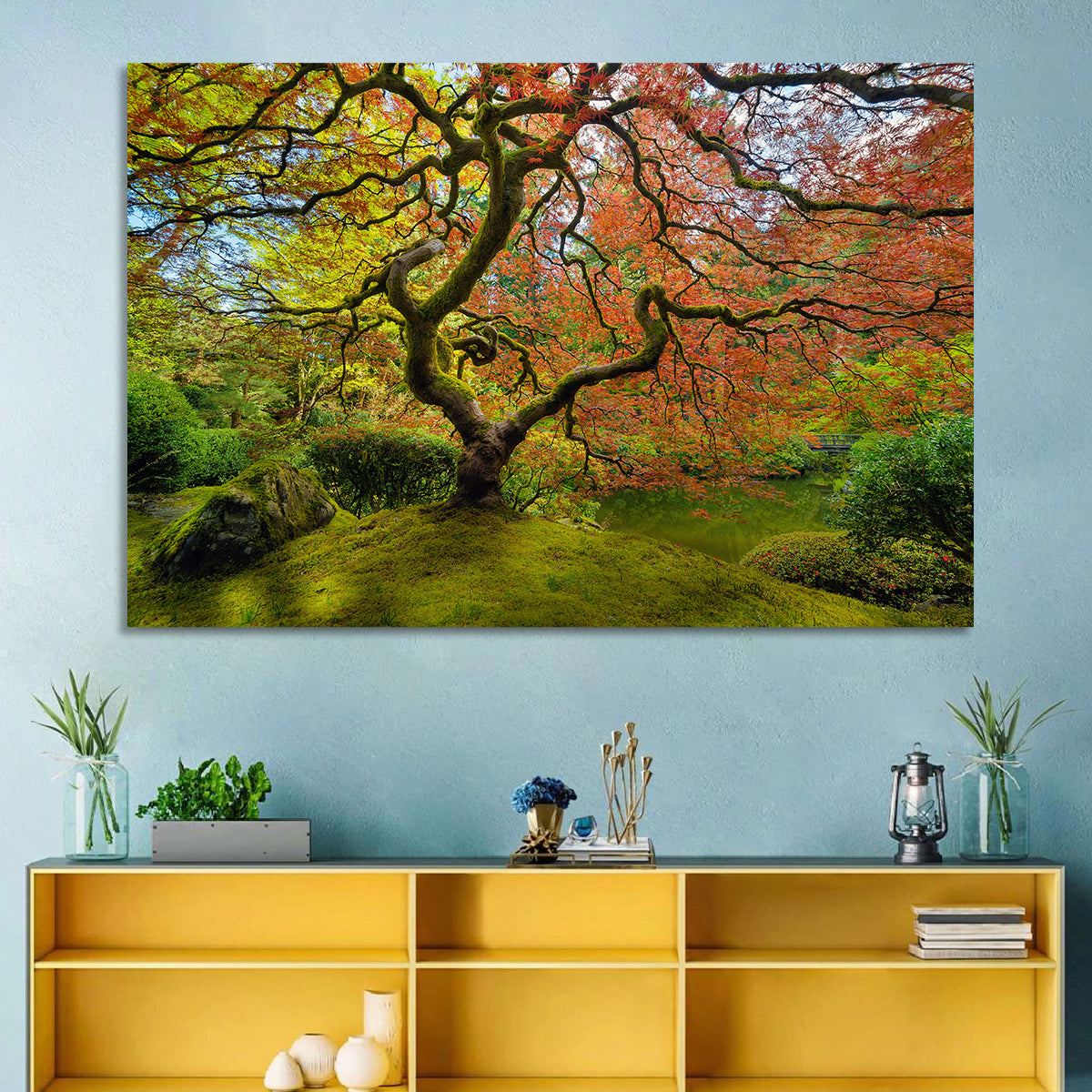 Gnarled Japanese Maple by Garden Pond Wall Art in a room, landscape