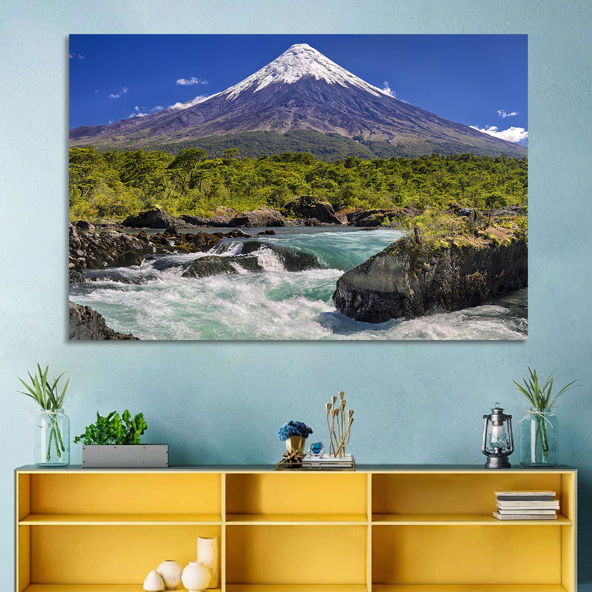 Osorno Volcano Over Petrohue Rapids Wall Art in a room, landscape
