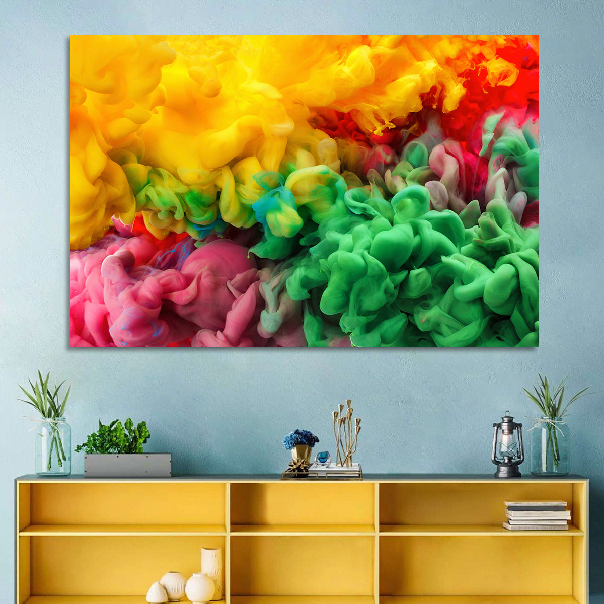 Vibrant Underwater Ink Cloud Abstract Wall Art in a room, landscape