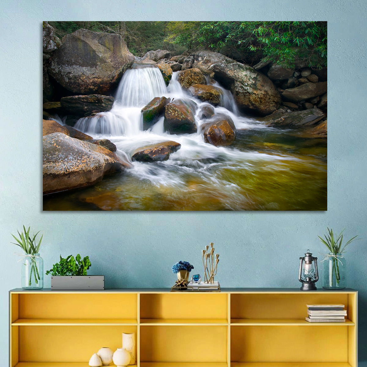 Blue Ridge Mossy Waterfall Wall Art in a room, landscape