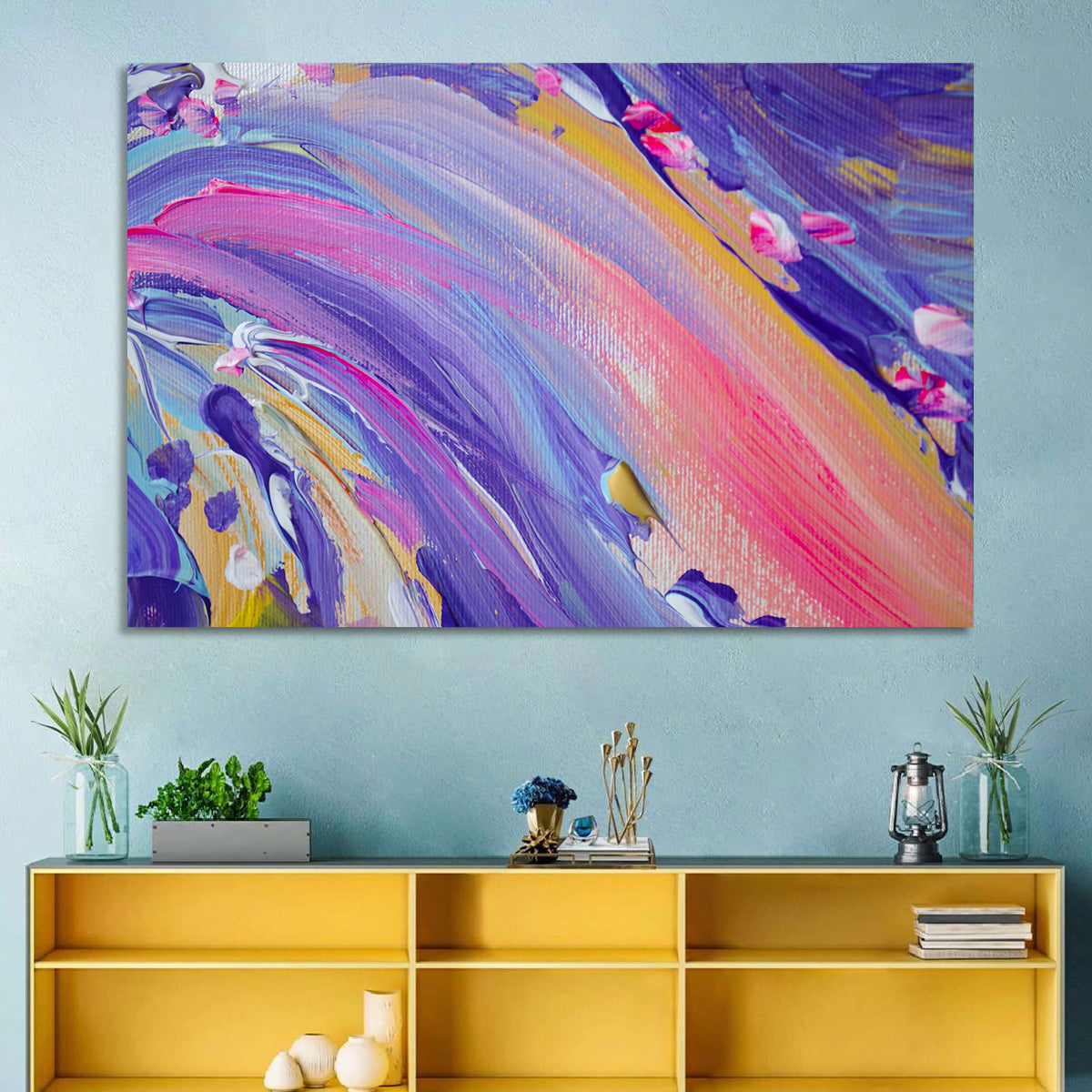 Sliding Hill Brushstrokes Wall Art in a room, landscape