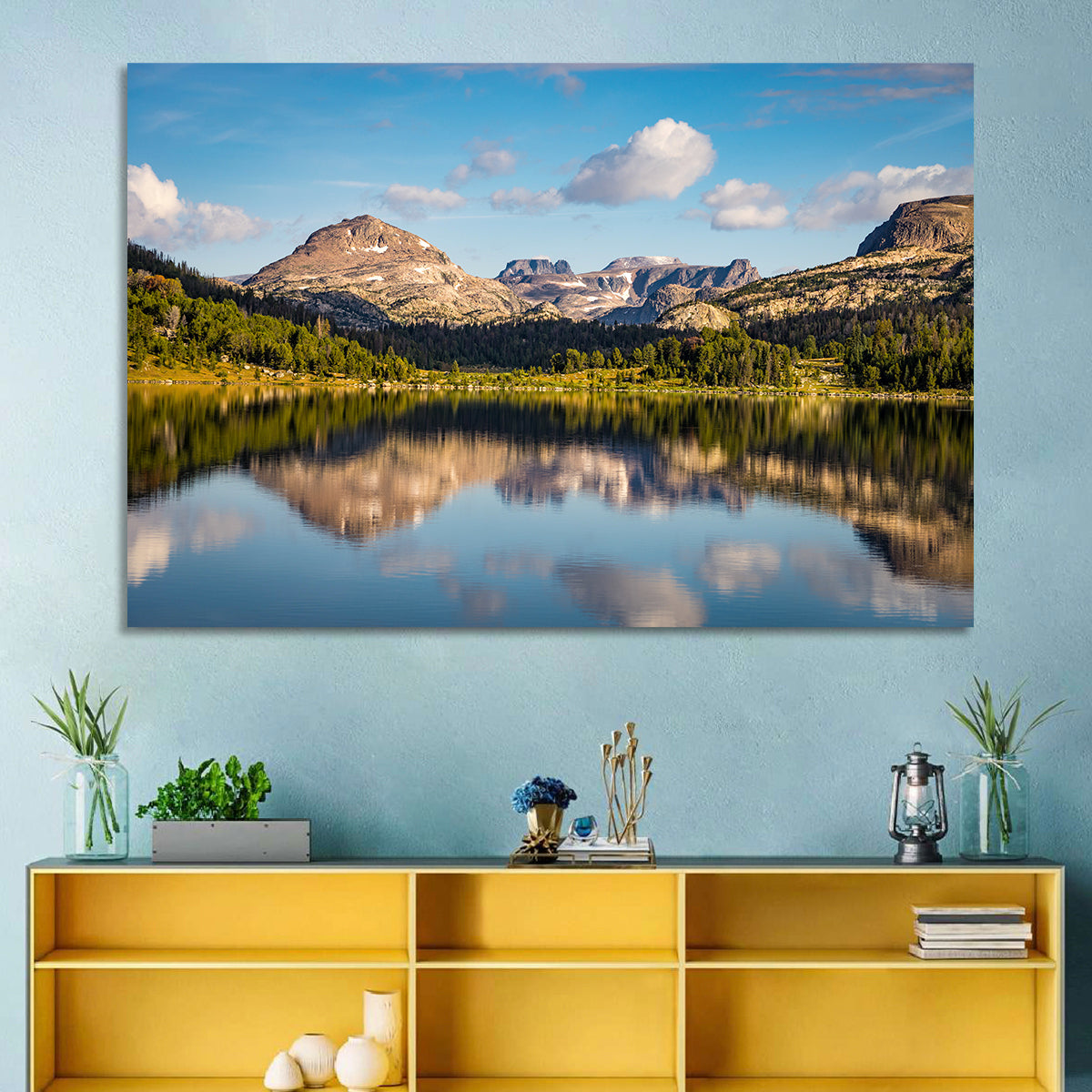 Island Lake Reflection, Montana Wall Art in a room, landscape