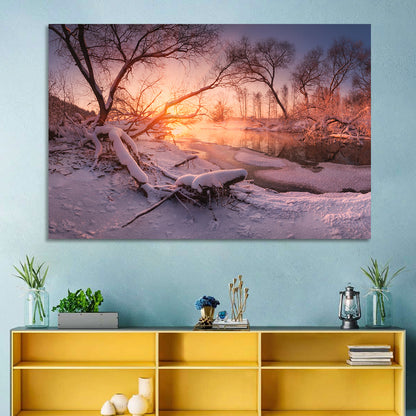 Sunset Over Snowy Forest Lake Wall Art