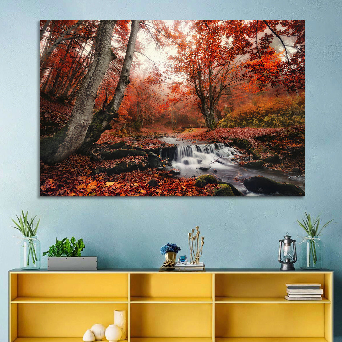 Autumn Forest Stream with Footbridge Wall Art in a room, landscape