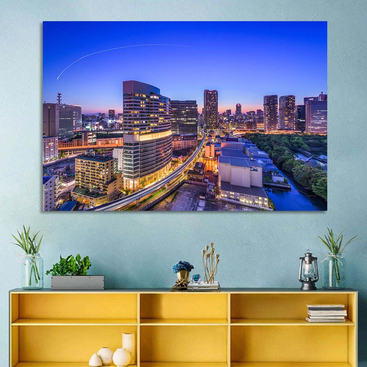 Tokyo Monorail Light Trails at Twilight Wall Art in a room, landscape