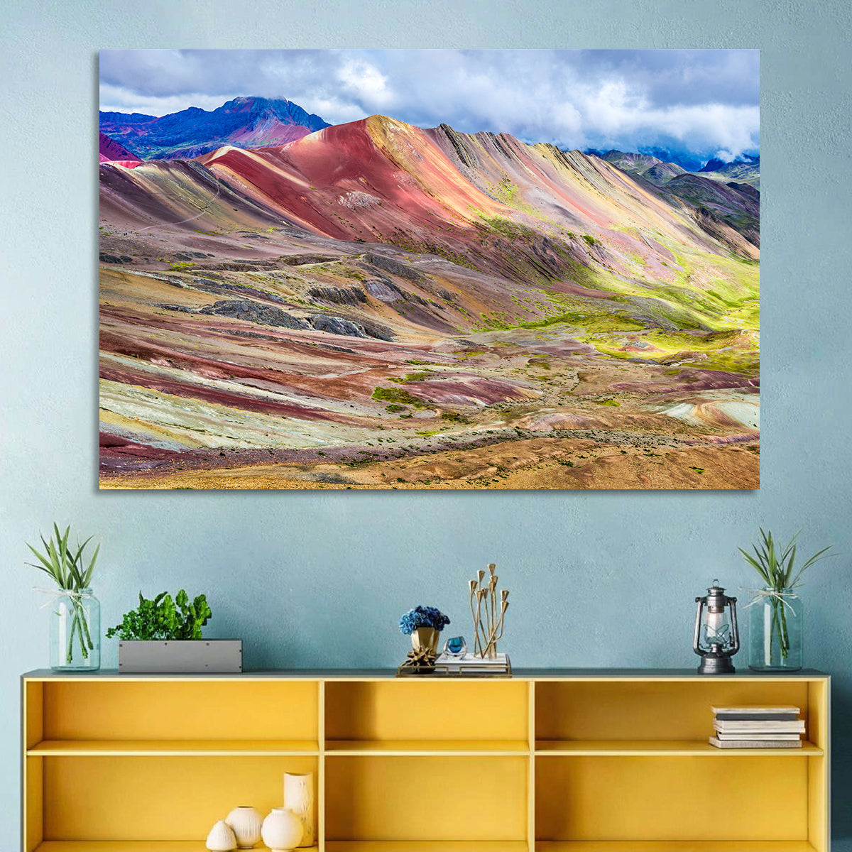 Vinicunca Rainbow Mountain Peru Wall Art in a room, landscape