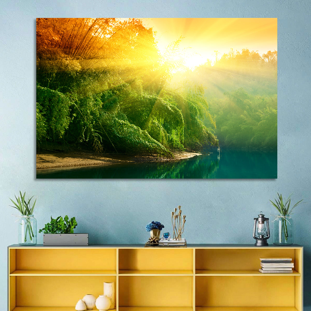 Golden Bamboo Riverbank Wall Art in a room, landscape