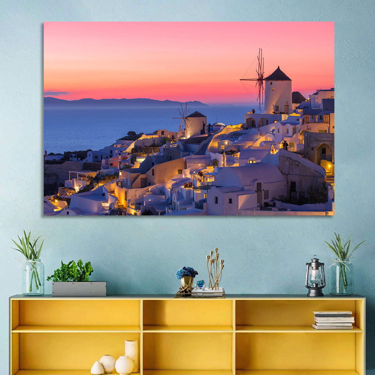 Oia Windmills at Dusk Wall Art in a room, landscape