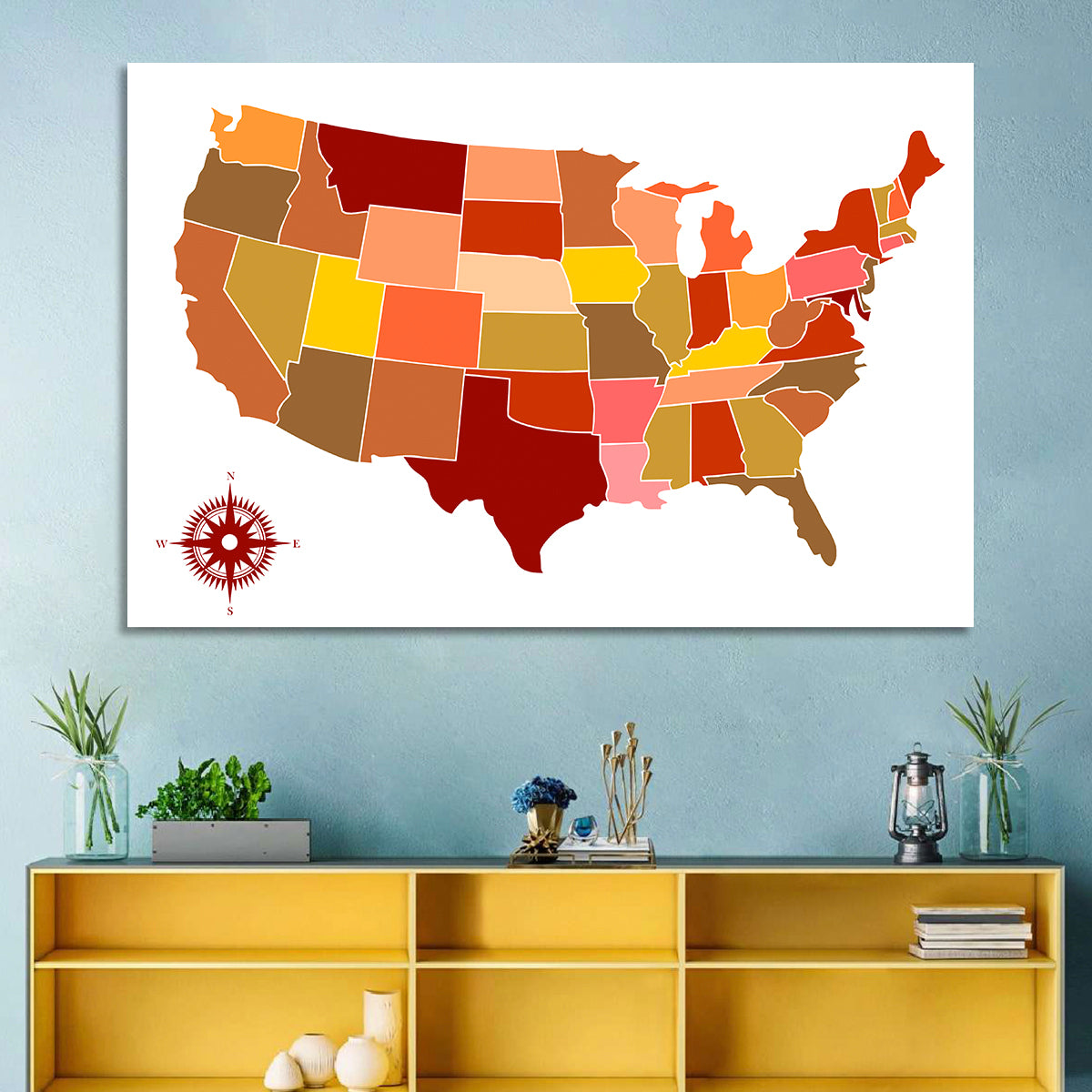 Stylized United States Map Wall Art in a room, landscape