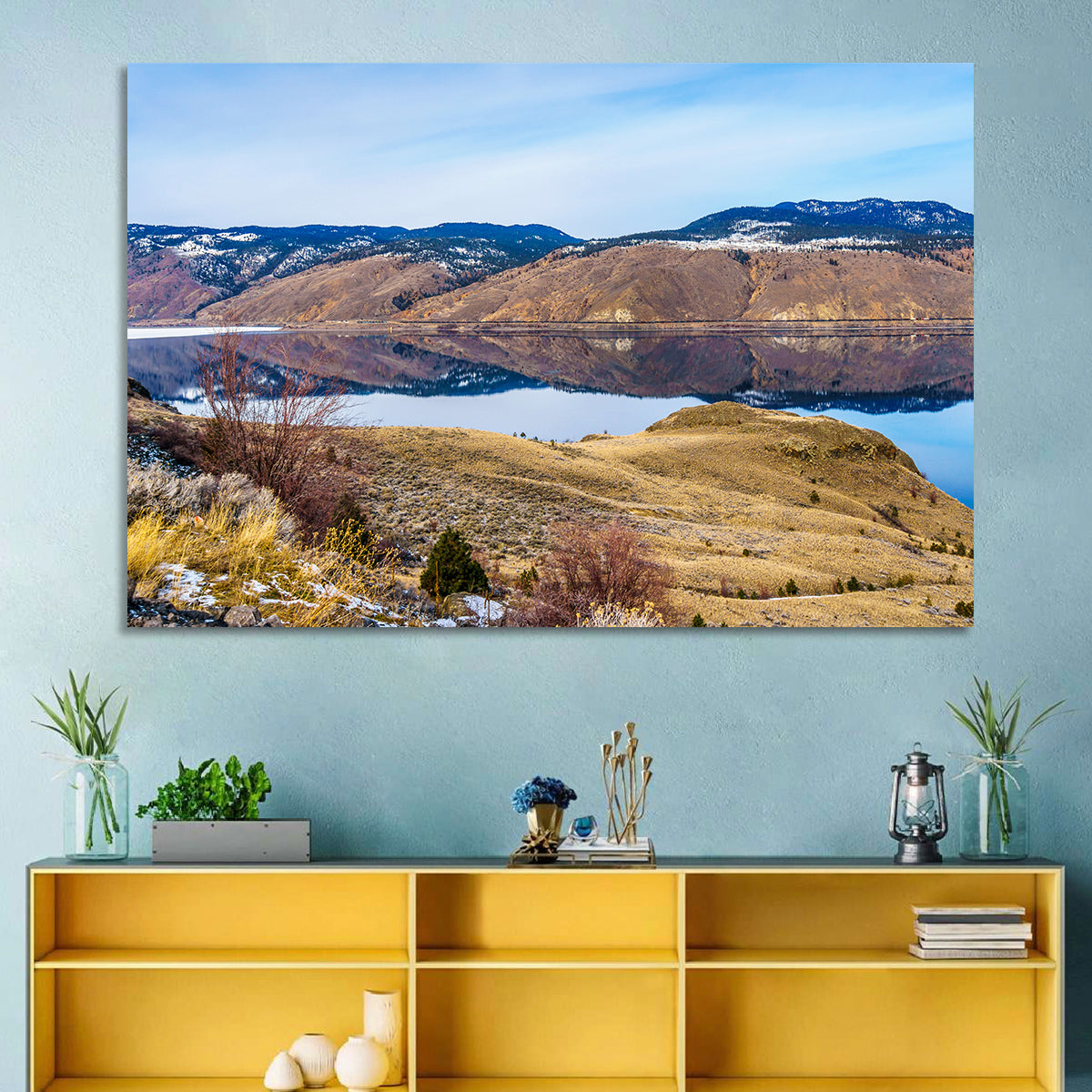 Kamloops Lake Mountain Reflection Wall Art in a room, landscape