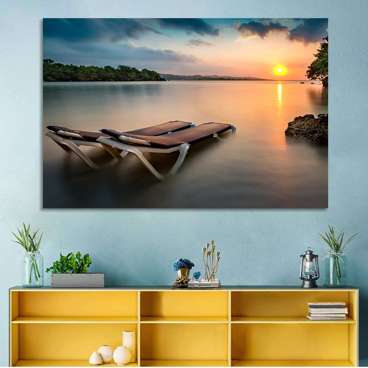 Sunset Over Coastal Lounge Chairs Wall Art