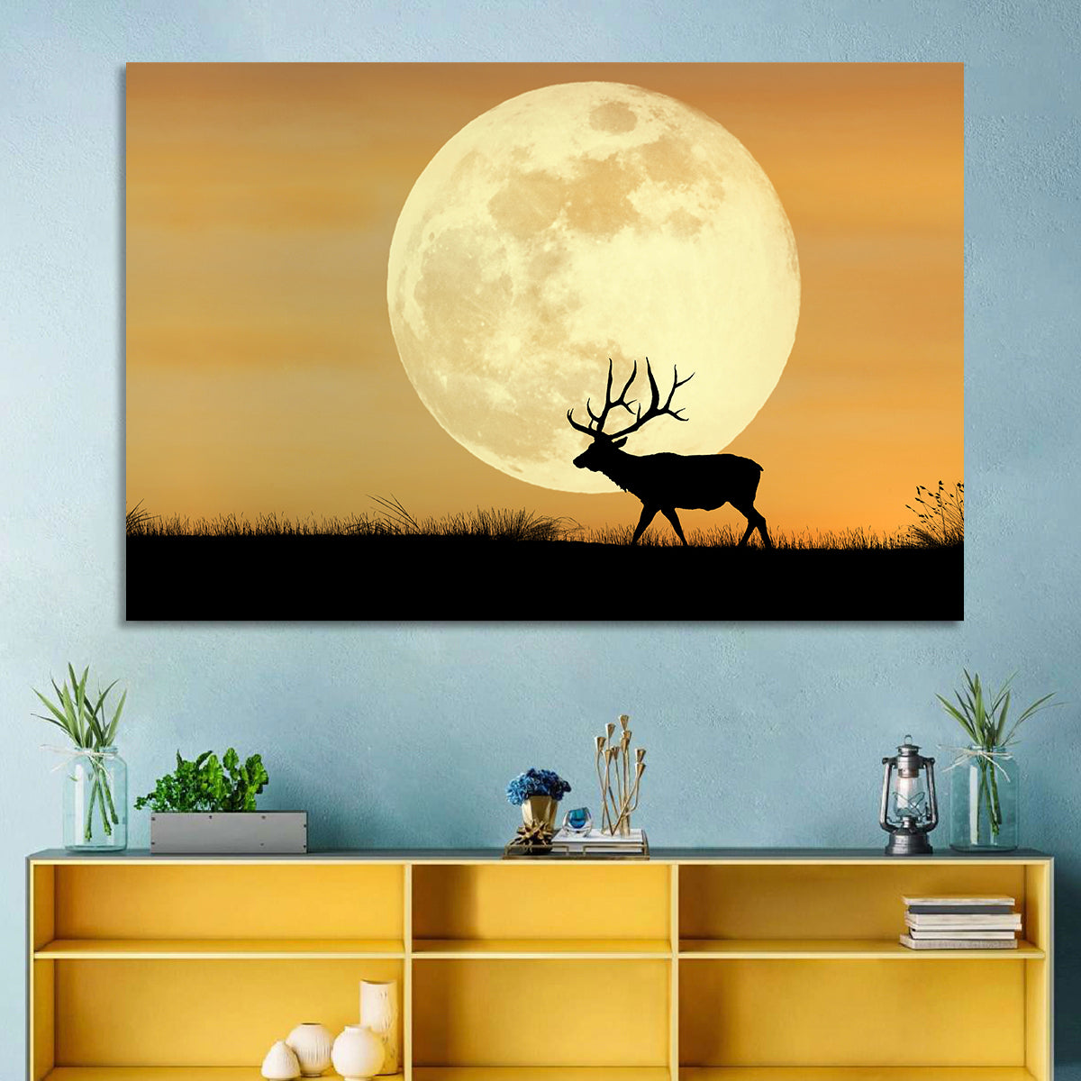 Bull Elk Silhouette Under Supermoon Wall Art in a room, landscape