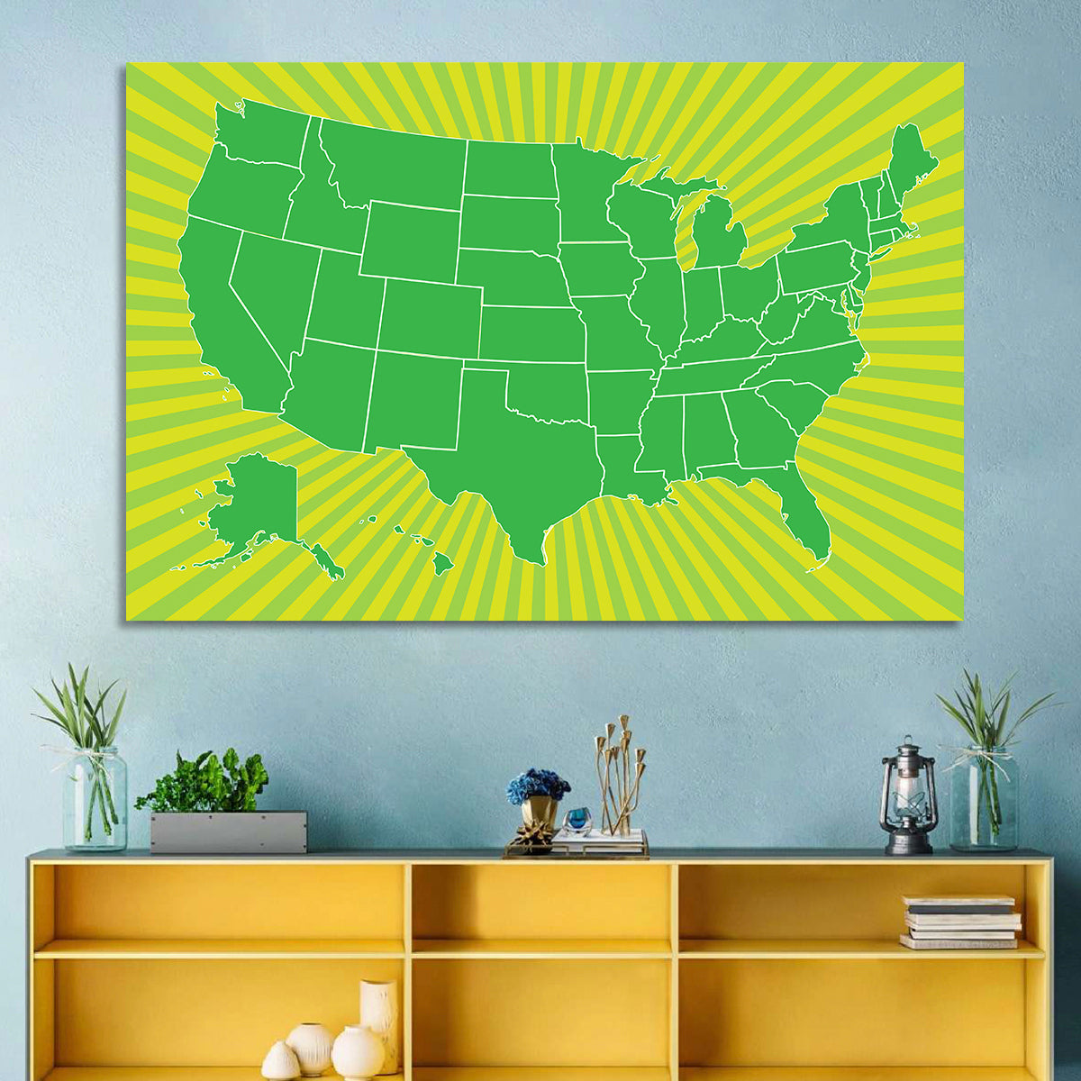 Green Sunburst USA Map Wall Art in a room, landscape