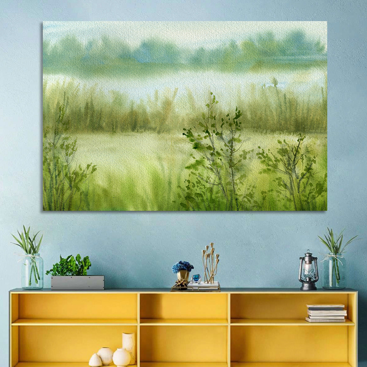Misty River Meadow Watercolor Wall Art in a room, landscape