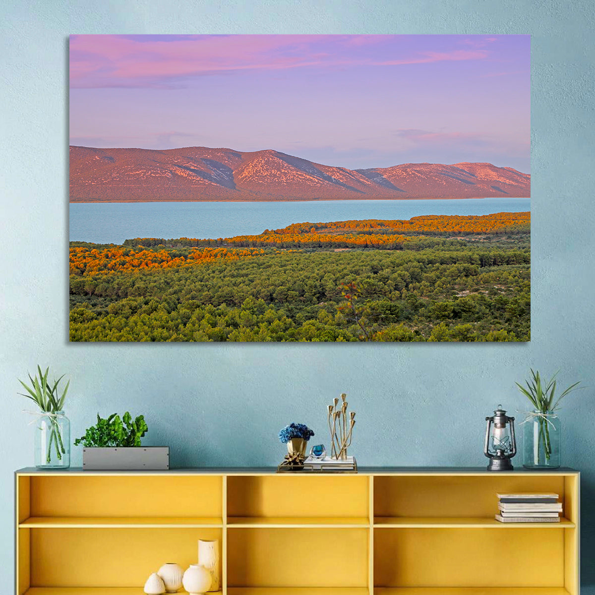 Lake Vrana Golden Hour Wall Art in a room, landscape