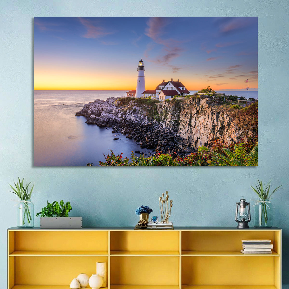 Portland Head Light at Dusk Wall Art in a room, landscape