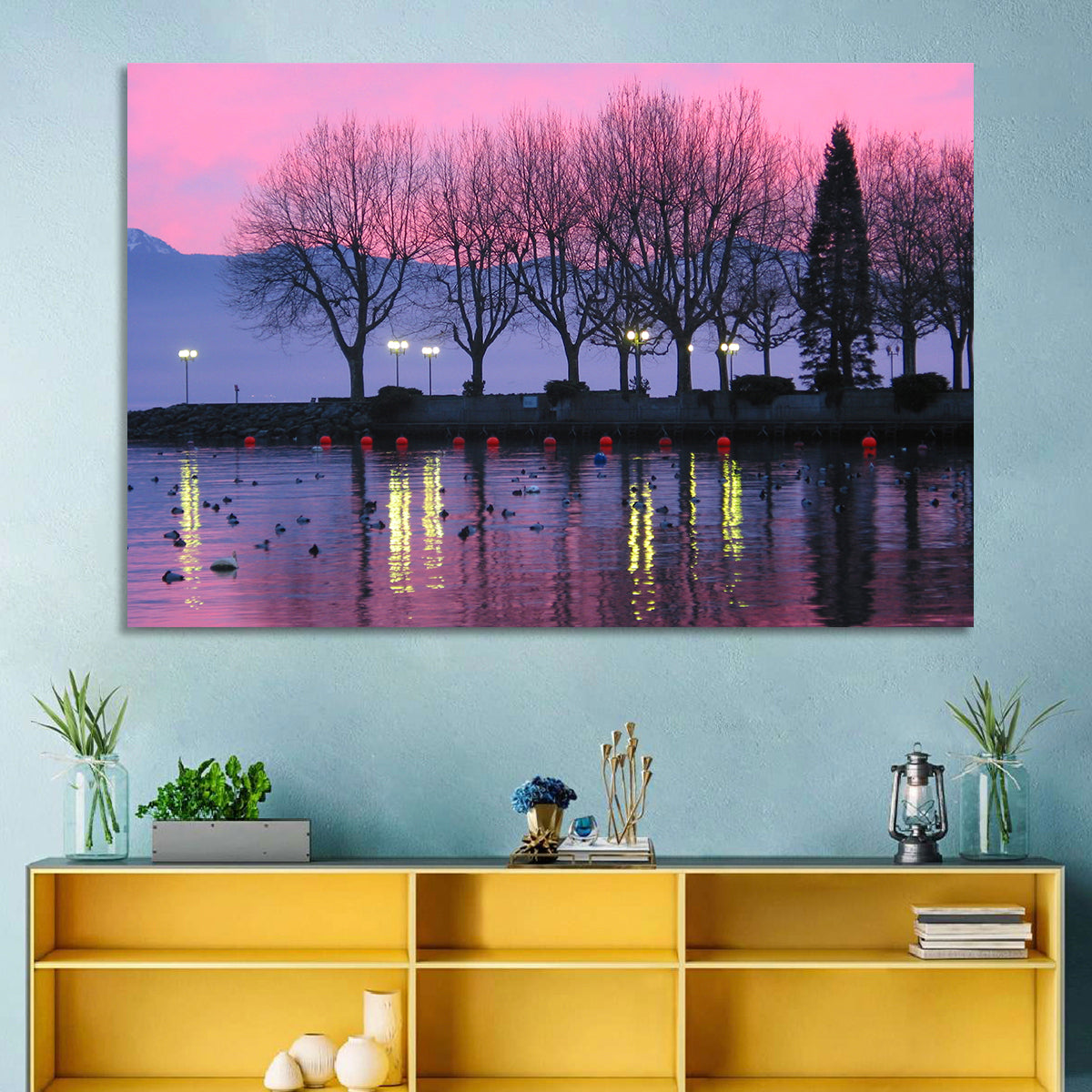 Lake Geneva Twilight Wall Art in a room, landscape