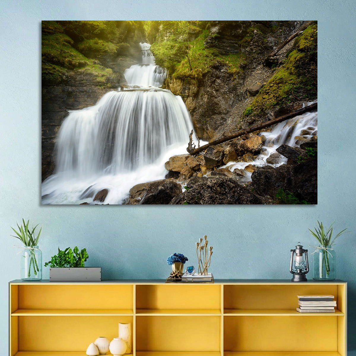 White Cascade Over Mossy Rocks Wall Art in a room, landscape
