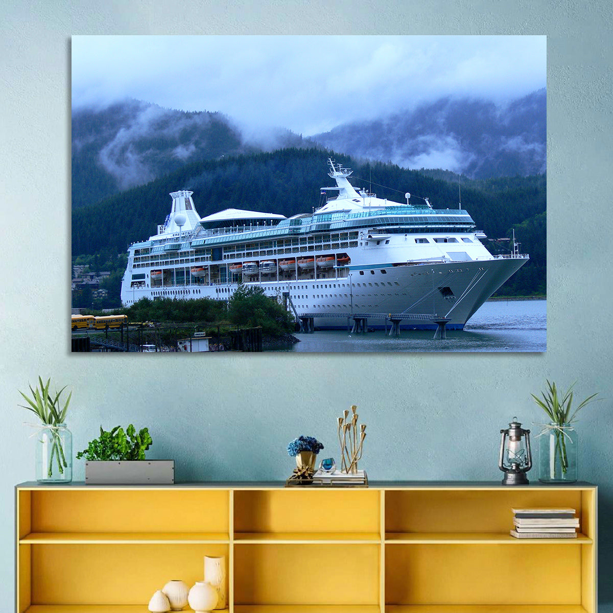 Misty Docked Cruise Ship Wall Art in a room, landscape