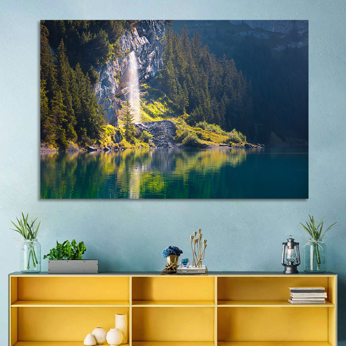 Lake Oeschinen Waterfall Reflection Wall Art