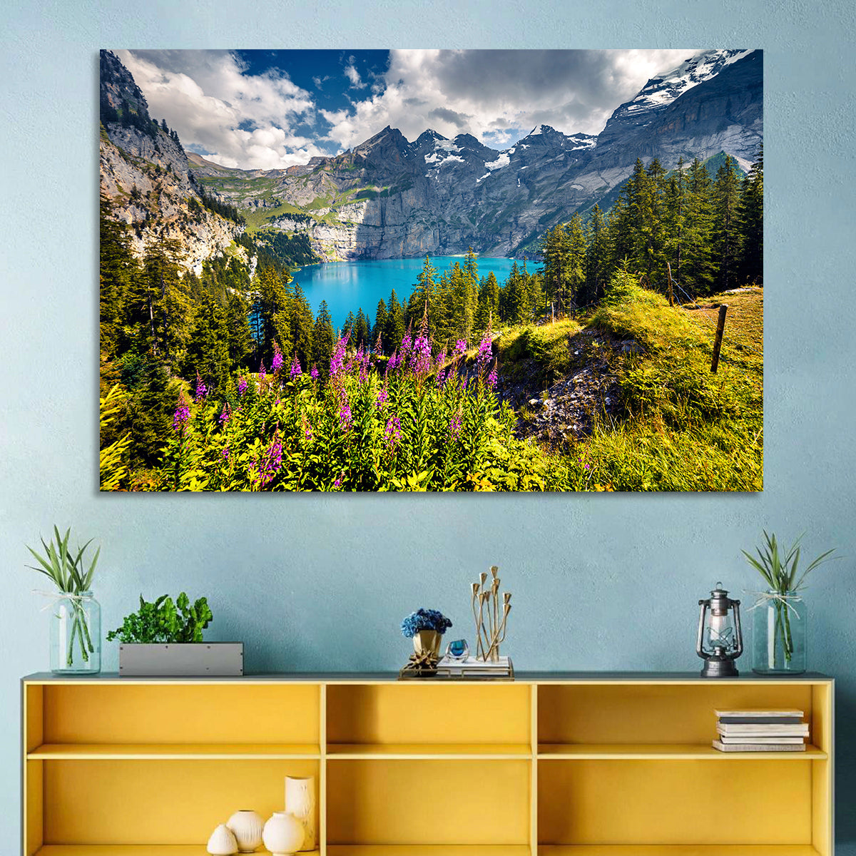 Oeschinensee Summer Landscape Wall Art in a room, landscape