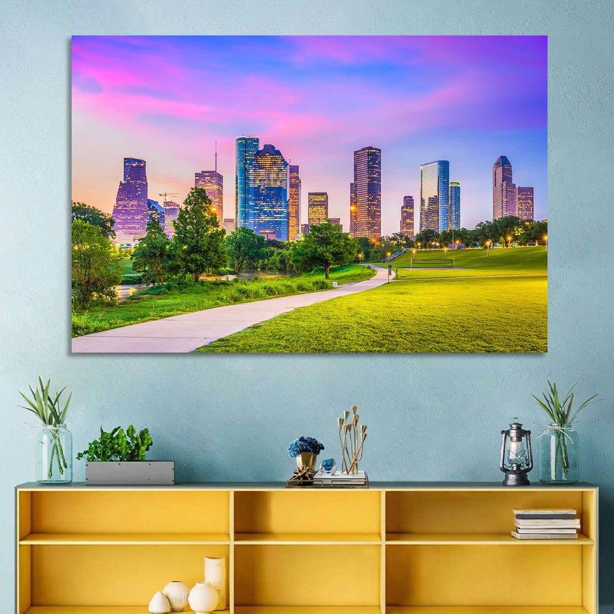 Houston Skyline at Dusk Wall Art in a room, landscape